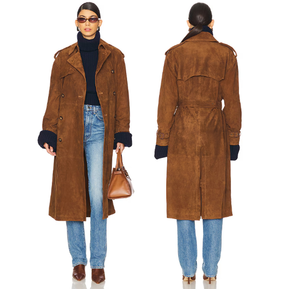 Polo Ralph Lauren Lamb Suede Double-Breasted Belted Trench Coat Cinnamon Size 6